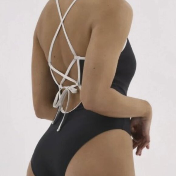 Black One-Piece Swimsuit with White Accents Size Large NWT - Picture 5 of 6